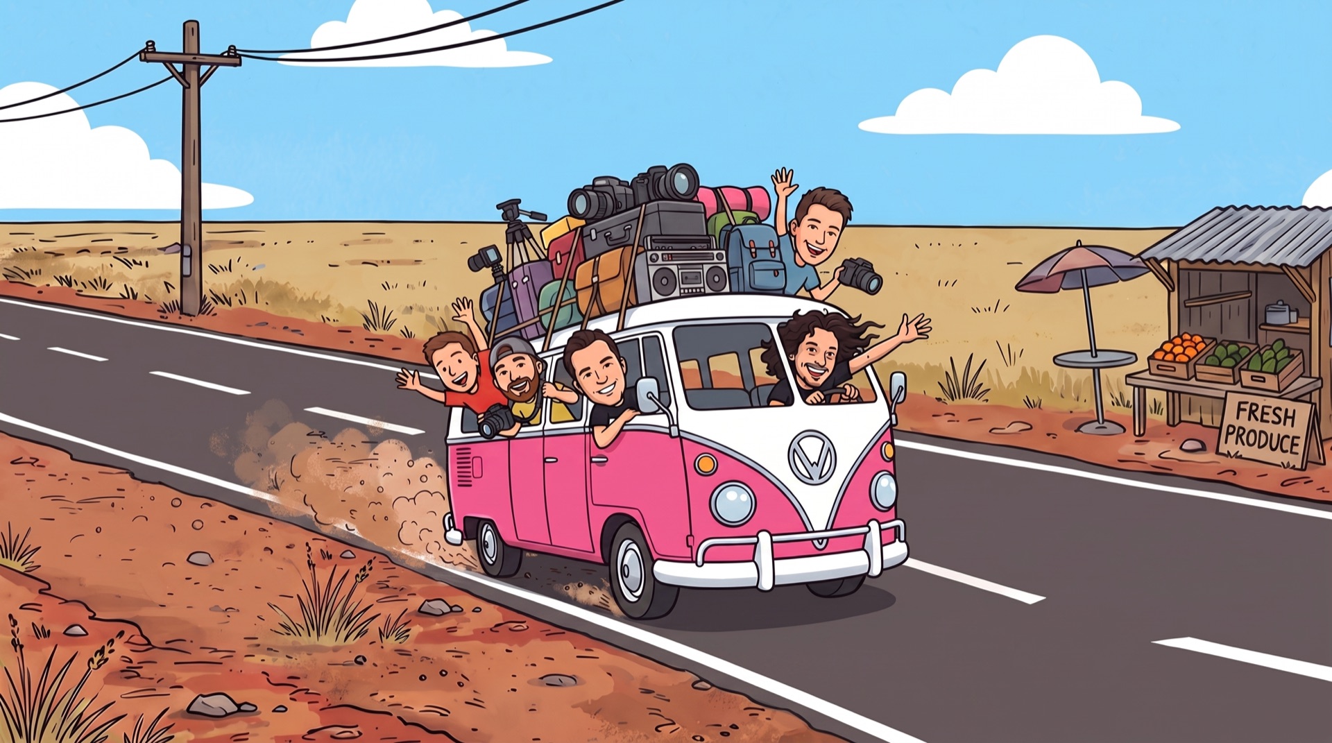 A kombi van loaded with camera gear barrelling toward the viewer down a dirt-and-tar road, driven by Vaughn leaning out the window with mates hanging off the roof and windows